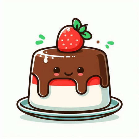 Cute cartoon chocolate cake with strawberry on white background. Vector illustration.のイラスト素材