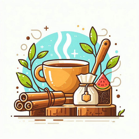 Cup of tea with cinnamon and ice cream. Vector illustration.のイラスト素材