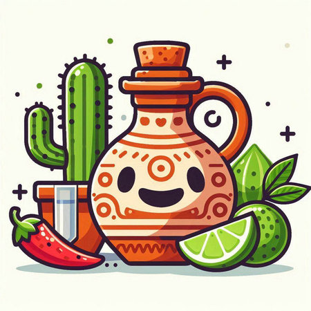 Mexican teapot with lime and cactus. Vector illustration.のイラスト素材