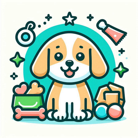 Cute cartoon dog with toys. Vector illustration in a flat style.のイラスト素材