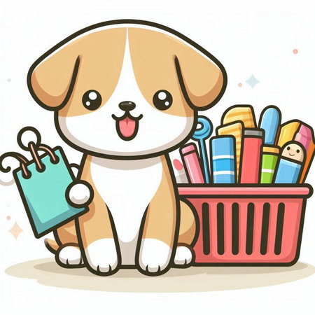 Cute dog with shopping bag and shopping basket. Vector illustration.のイラスト素材