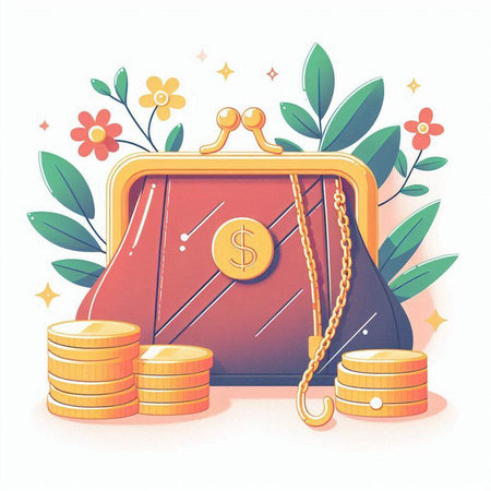 Purse with gold coins and flowers on white background. Vector illustration.のイラスト素材