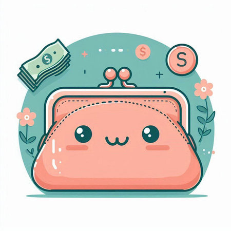 Cute pink purse with money. Vector illustration in cartoon style.のイラスト素材
