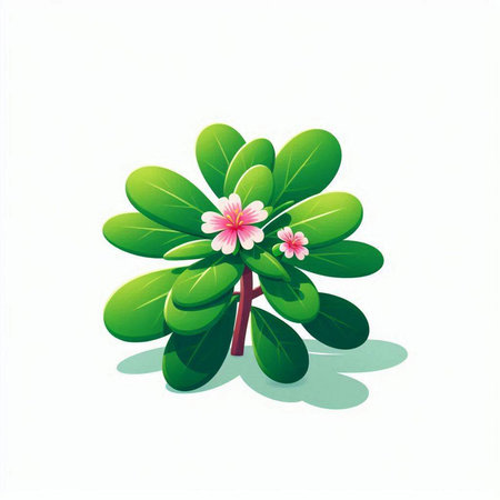 Illustration of a green plant with pink flowers on a white backgroundのイラスト素材