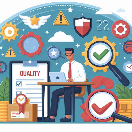 Quality control and quality control concept. Businessman sitting at desk with laptop, magnifying glass and checklist. Vector illustration in flat styleのイラスト素材