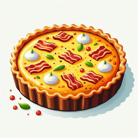 Illustration of a pie with bacon and sour cream on a white backgroundのイラスト素材