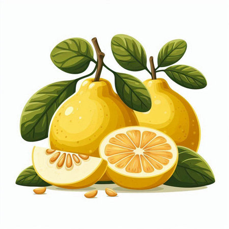 Illustration of fresh ripe yellow pears with green leaves on white backgroundのイラスト素材