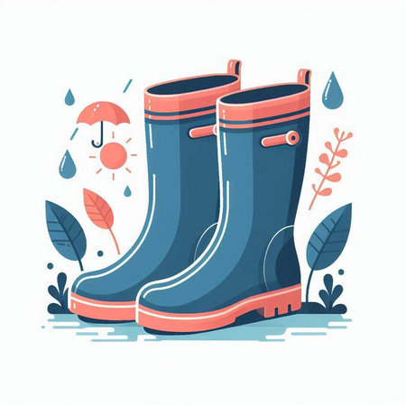 Rubber boots with water drops. Vector illustration in flat style.のイラスト素材