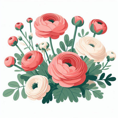 Vector illustration of a bouquet of pink and white ranunculusのイラスト素材