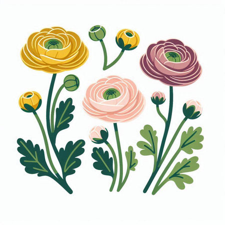 Set of colorful ranunculus flowers isolated on white background. Vector illustration.のイラスト素材