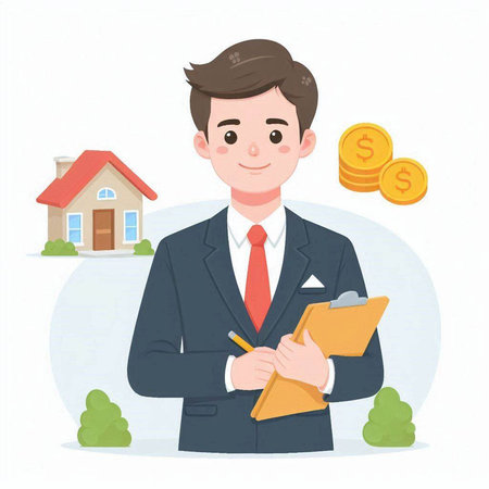 Real estate agent with clipboard and house. Vector illustration in cartoon styleのイラスト素材