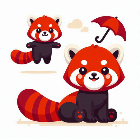 Cute red panda cartoon character set. Vector illustration in flat styleのイラスト素材