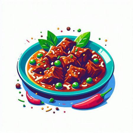 Illustration of beef stew with green peas and chilli pepper on a plateのイラスト素材