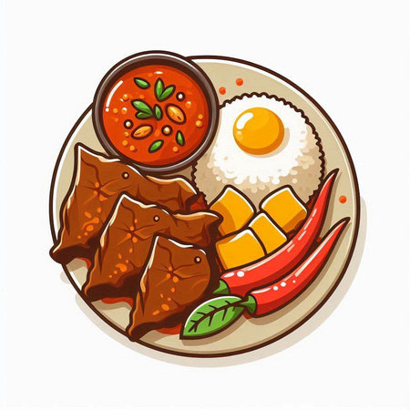 Illustration of fried pork ribs with rice, chili pepper and eggのイラスト素材
