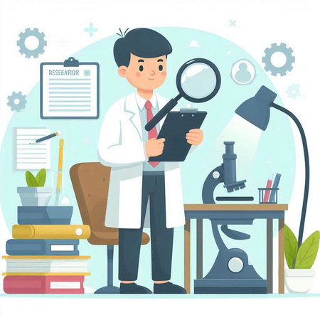 Scientist with magnifier and microscope. Vector illustration in flat styleのイラスト素材