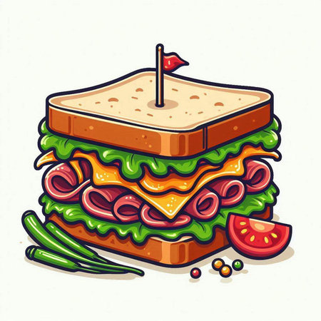 Sandwich with salami, cheese, lettuce, tomato and cucumber. Vector illustration.のイラスト素材