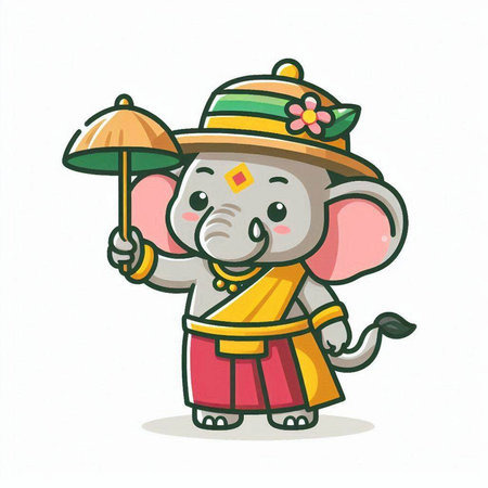Cute elephant in Thai traditional costume holding umbrella. Vector illustration.のイラスト素材