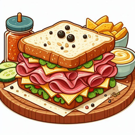 Sandwich with ham, cheese and vegetables on a wooden board.のイラスト素材