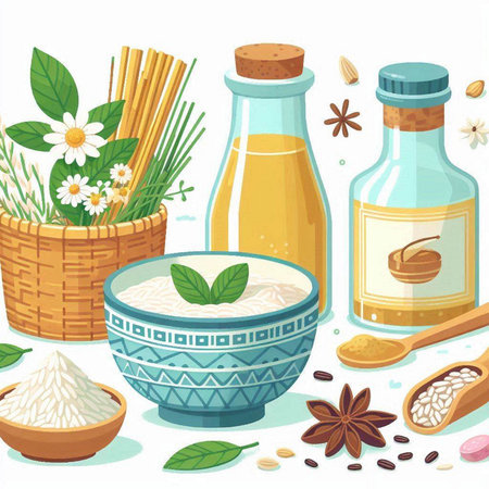 Spa and aromatherapy vector illustration. Set of aromatic oils, herbs and spices in glass bottles.のイラスト素材