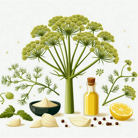 Illustration of dill, garlic, olive oil and spices.のイラスト素材