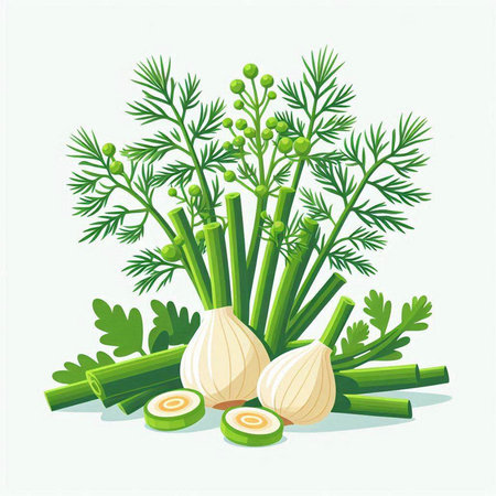 Illustration of fresh dill, onion and garlic on white backgroundのイラスト素材