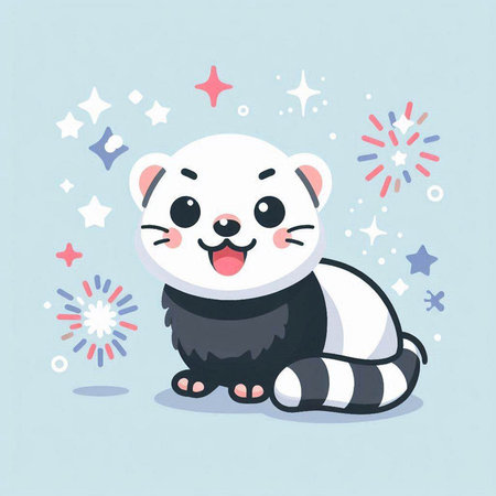 Cute white bear with fireworks on blue background. Vector illustration.のイラスト素材