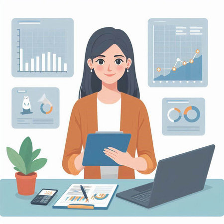 Business woman working at office with laptop and tablet. Vector illustration.のイラスト素材