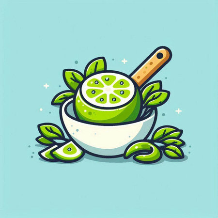 Vector illustration of green lemon slice in bowl and spoon with leaves.のイラスト素材