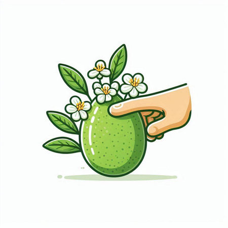 Hand holding a lime with flowers and leaves isolated on white background.のイラスト素材