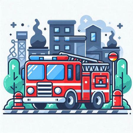Fire engine in the city. Modern flat line style vector illustration.のイラスト素材