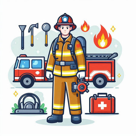 Firefighter with firetruck and equipment. Vector illustration in cartoon styleのイラスト素材