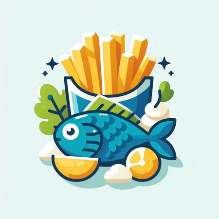 Funny fish with french fries. Vector illustration in cartoon style.のイラスト素材