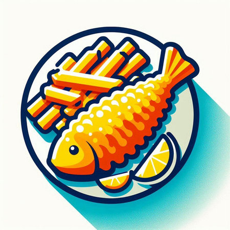 Illustration of fish with french fries on plate. Vector illustration.のイラスト素材