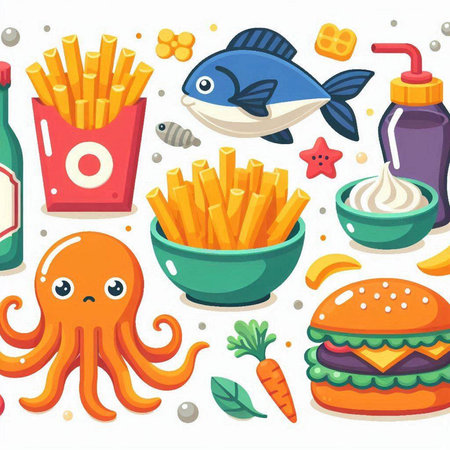 Seamless pattern with fast food. Vector illustration in cartoon style.のイラスト素材
