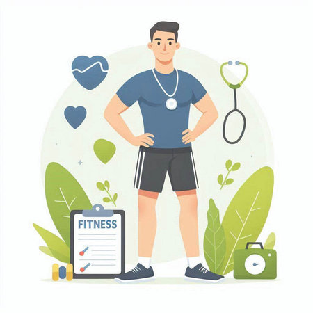Man in sportswear with stethoscope and clipboard, flat vector illustration.のイラスト素材