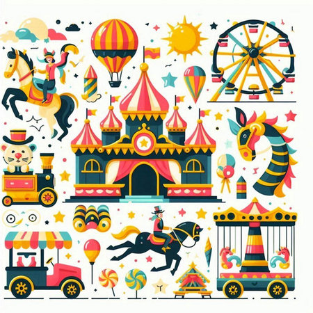 Amusement park flat icons set with rides and animals isolated vector illustrationのイラスト素材