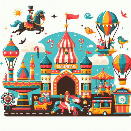 Amusement park vector illustration with carnival animals, rides and attractions.のイラスト素材