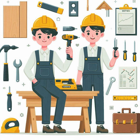 Carpenter man and woman working with tools. Vector illustration.のイラスト素材