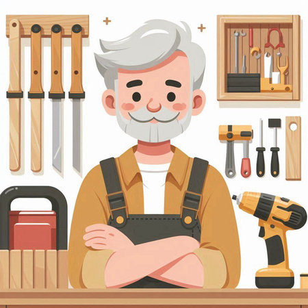 Old man carpenter with tools. Vector illustration in cartoon style.のイラスト素材