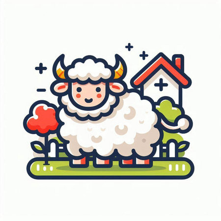 Cute sheep with house in the background. Vector illustration in a flat style.のイラスト素材