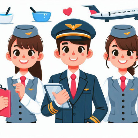 Cute cartoon pilot and stewardess characters. Vector illustration.のイラスト素材