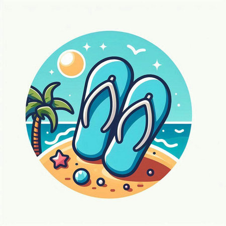 Vector illustration of flip flops on the beach with palm trees.のイラスト素材