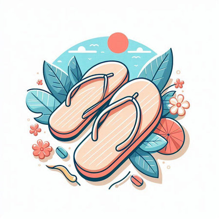 Flip-flops with tropical leaves and flowers. Vector illustration.のイラスト素材
