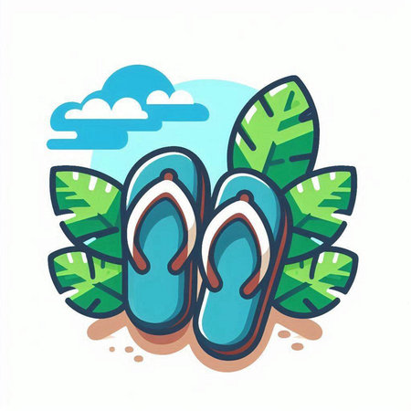Vector illustration of flip flops on the beach with palm leaves.のイラスト素材