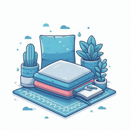 Vector illustration of a cozy bed with pillows and a book.のイラスト素材