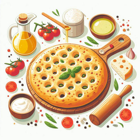 Pizza with ingredients on a white background. Vector illustration in retro style.のイラスト素材
