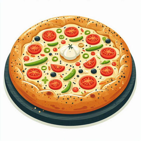 Illustration of a pizza with tomatoes, mozzarella cheese, olives and pepperのイラスト素材