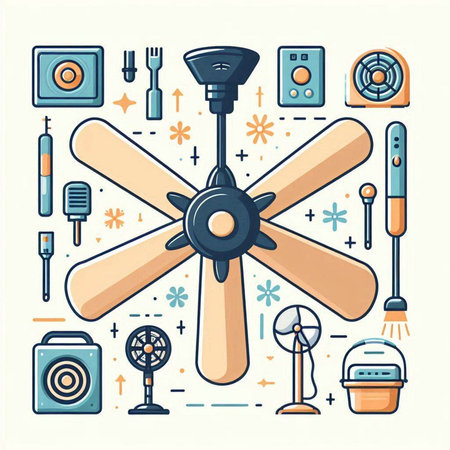 Ceiling fan and electric fan with different types of household appliances. Vector flat illustrationのイラスト素材