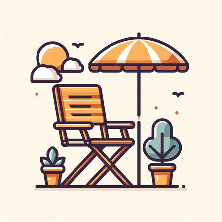 Beach umbrella and chair. Vector illustration in line art style.のイラスト素材
