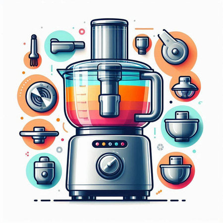 Vector illustration of modern electric juicer on colorful background with icons.のイラスト素材
